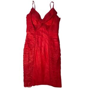 Y2K Silk Sue Wong Red Bodycon Cocktail Dress S 4/6 Spaghetti Straps Ruched Sexy